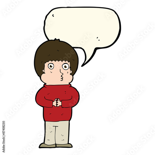 cartoon shy boy with speech bubble