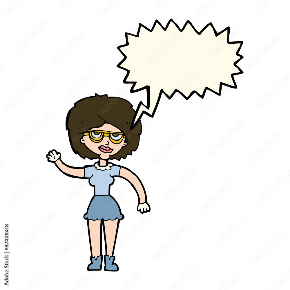 cartoon waving woman wearing spectacles with speech bubble cartoon waving woman wearing spectacles with speech bubble