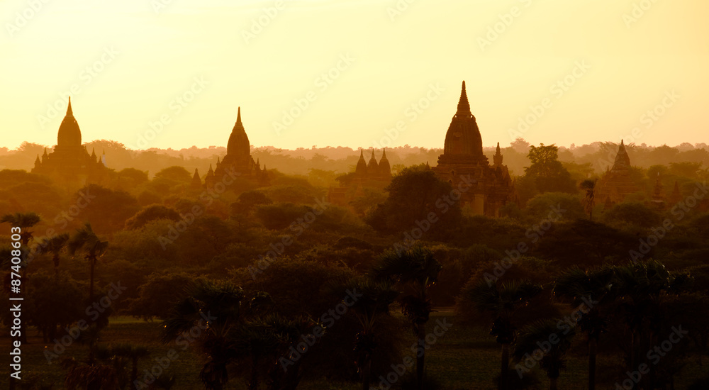 Sunrise landscape view with silhouettes of old temples, Bagan, M