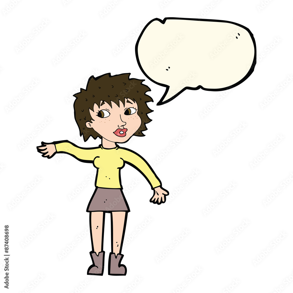 cartoon friendly woman waving with speech bubble cartoon friendly woman waving with speech bubble