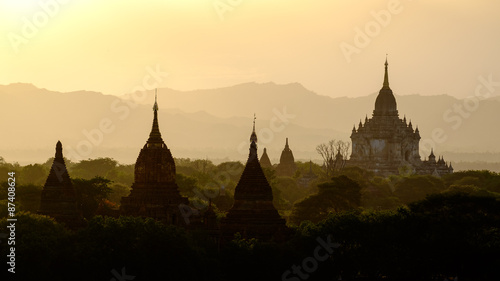 Sunset scenic view with silhouettes of temples in Bagan  Myanmar
