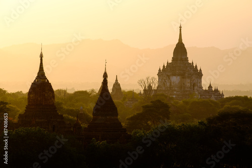 Beautiful sunset scenic view with silhouettes of temples in Baga