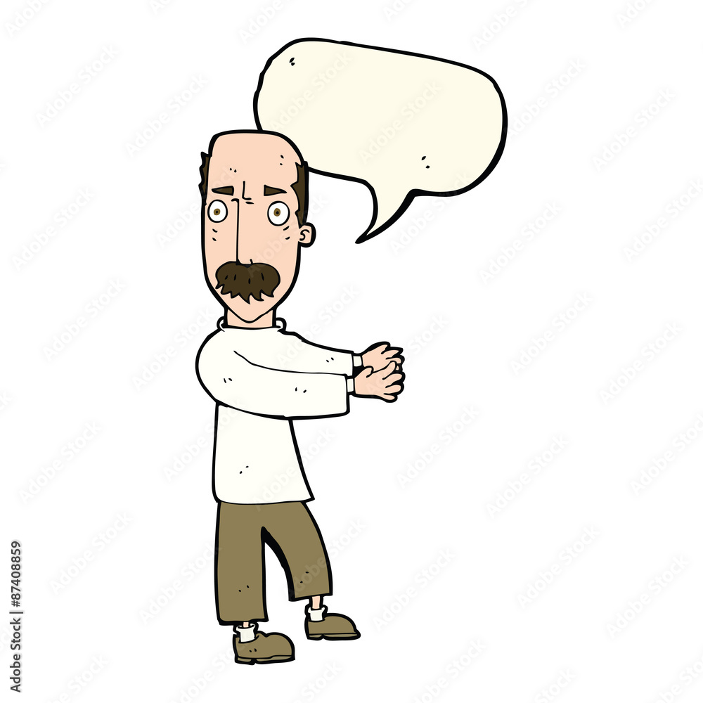 cartoon balding man explaining with speech bubble cartoon balding man explaining with speech bubble