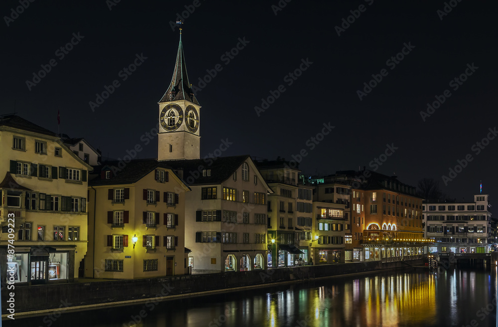 embankment of Limmat river in evening, Zurich