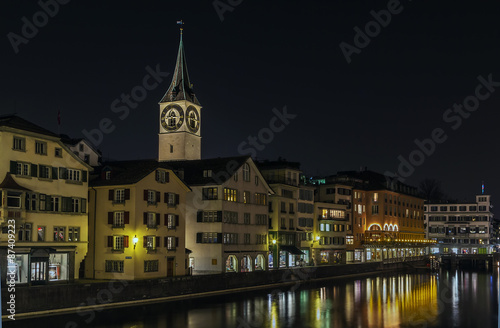 embankment of Limmat river in evening  Zurich