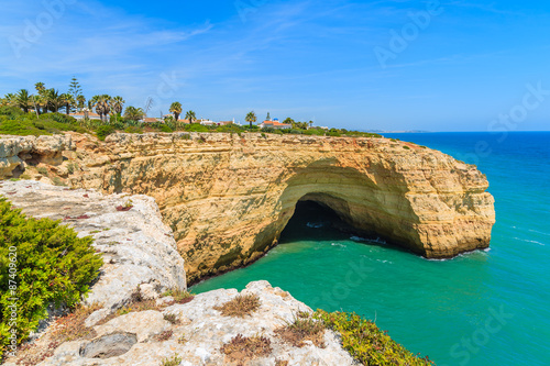View of sea cave on coast of Portugal, Algarve region