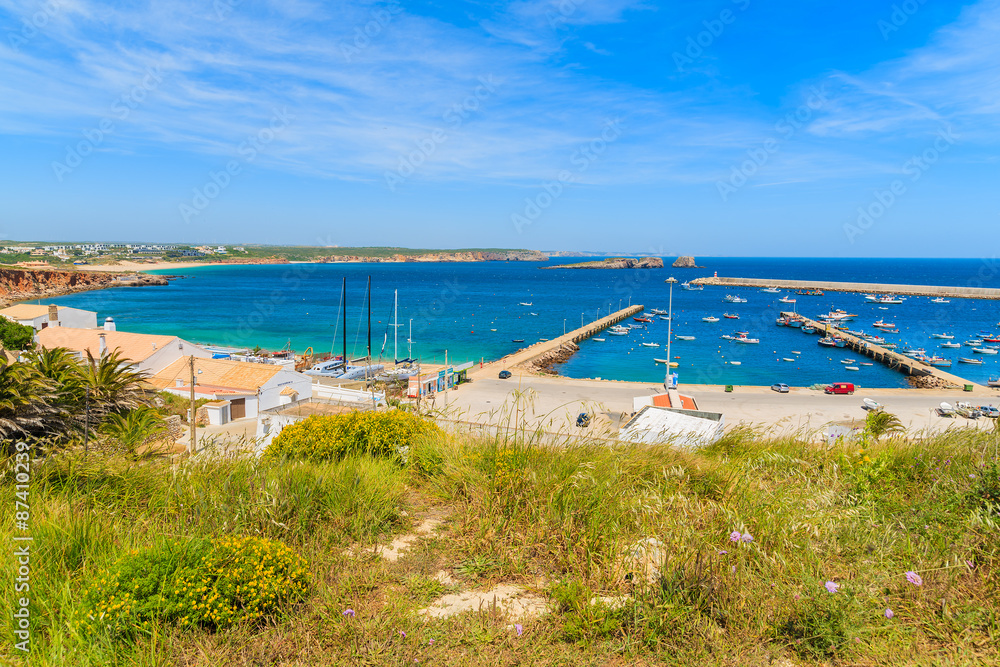 View of fishing port in Sagres town on coast of Portugal in Algarve region