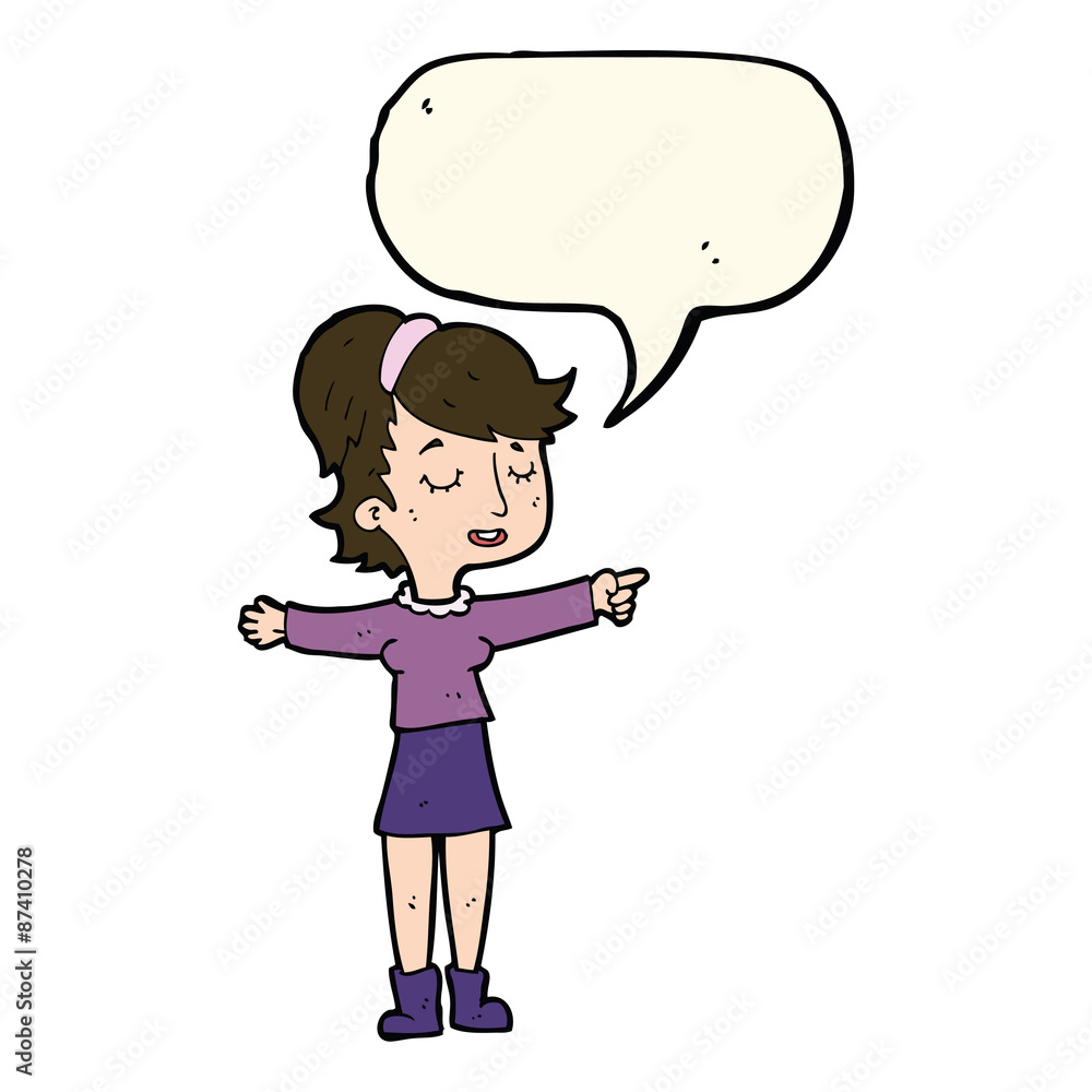 cartoon happy woman pointing with speech bubble cartoon happy woman pointing with speech bubble
