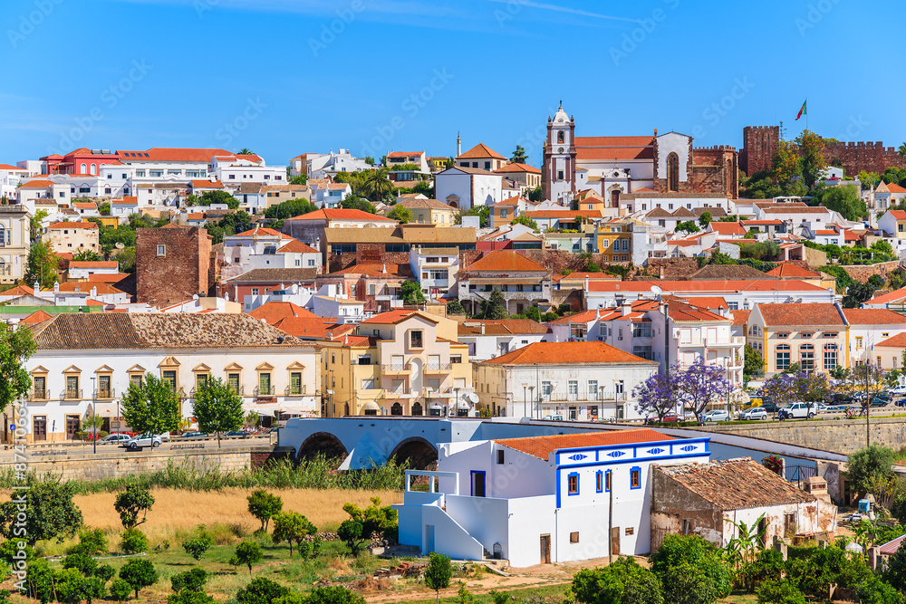 View of Silves town buildings with famous castle and cathedral, Algarve region, Portugal
