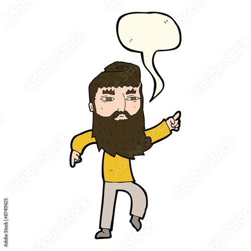 cartoon bearded man pointing the way with speech bubble