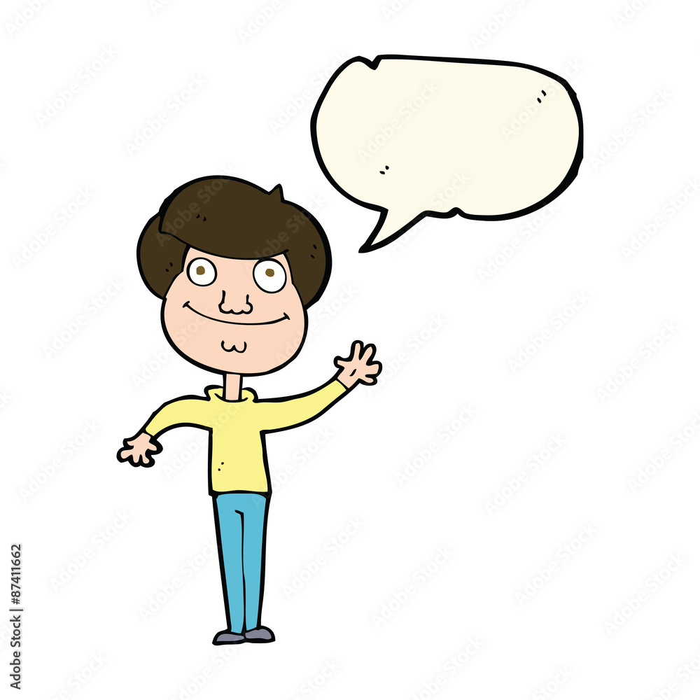 cartoon happy man waving with speech bubble cartoon happy man waving with speech bubble