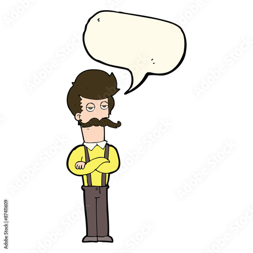 cartoon man with mustache with speech bubble