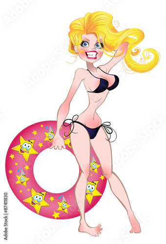 smiling pretty Blond beach girl with inflatable quarter isolated