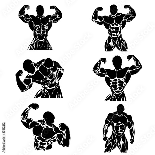 Set of bodybuilders in different poses, vector illustration, icon
