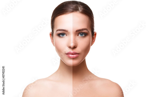Woman face with half tan skin