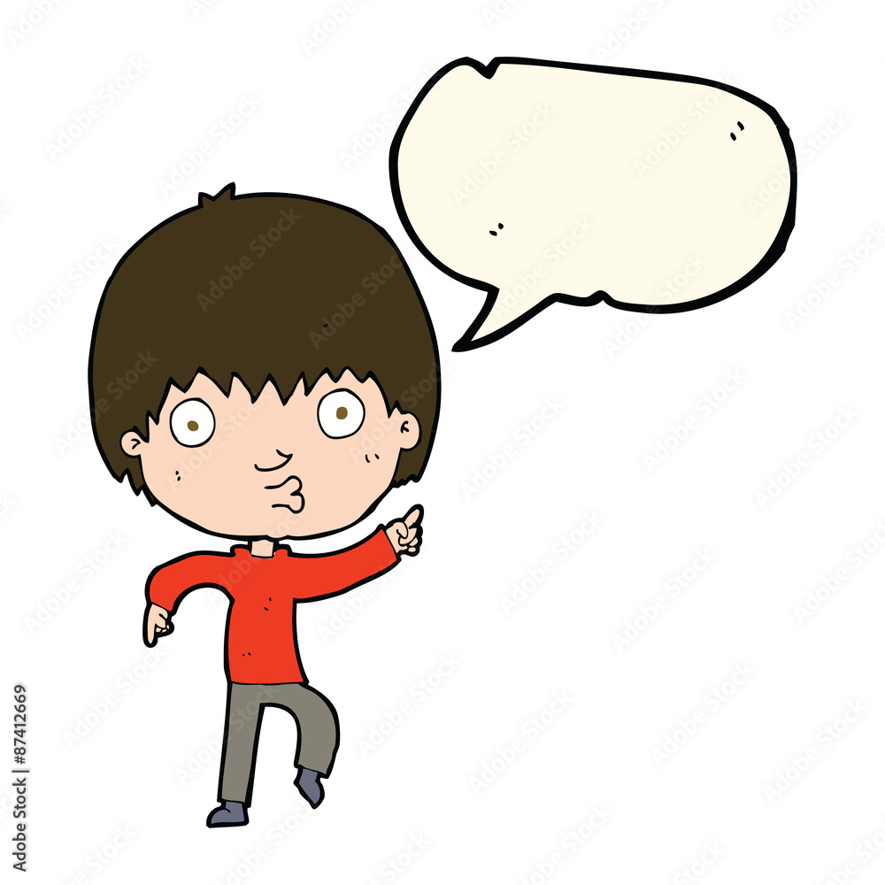 cartoon impressed boy pointing with speech bubble