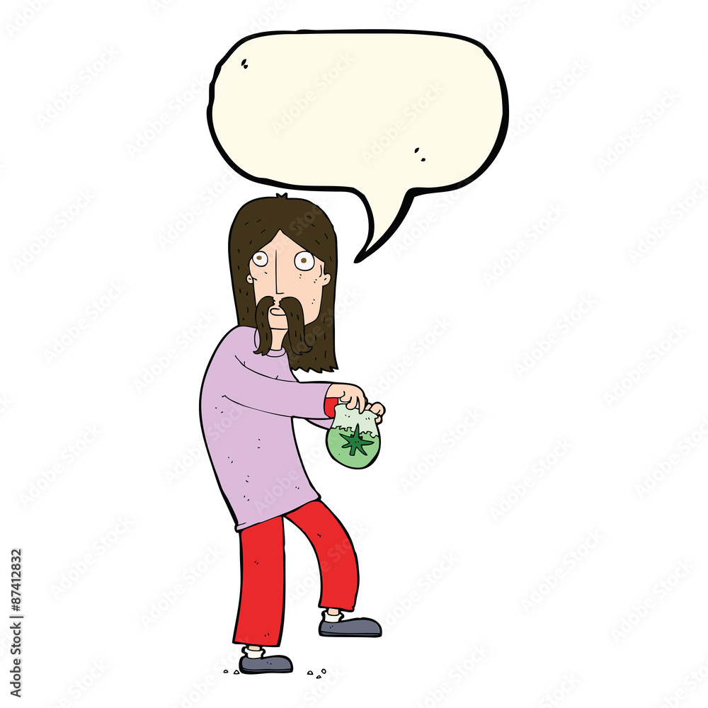 cartoon hippie man with bag of weed with speech bubble cartoon hippie man with bag of weed with speech bubble