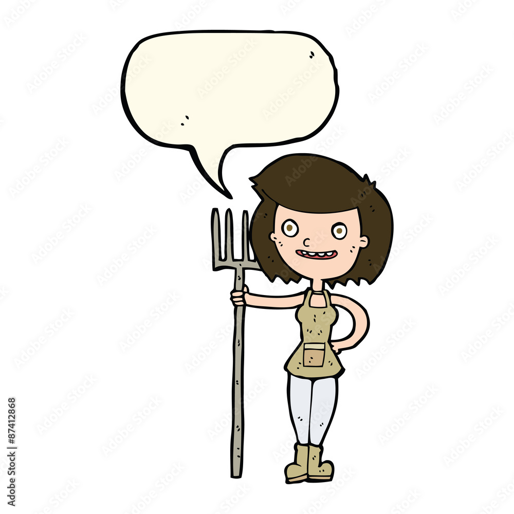 cartoon happy farmer girl with speech bubble cartoon happy farmer girl with speech bubble