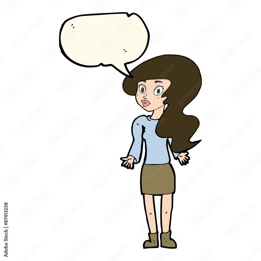 cartoon woman shrugging shoulders with speech bubble cartoon woman shrugging shoulders with speech bubble