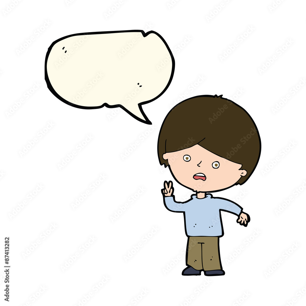cartoon unhappy boy giving peace sign with speech bubble cartoon unhappy boy giving peace sign with speech bubble