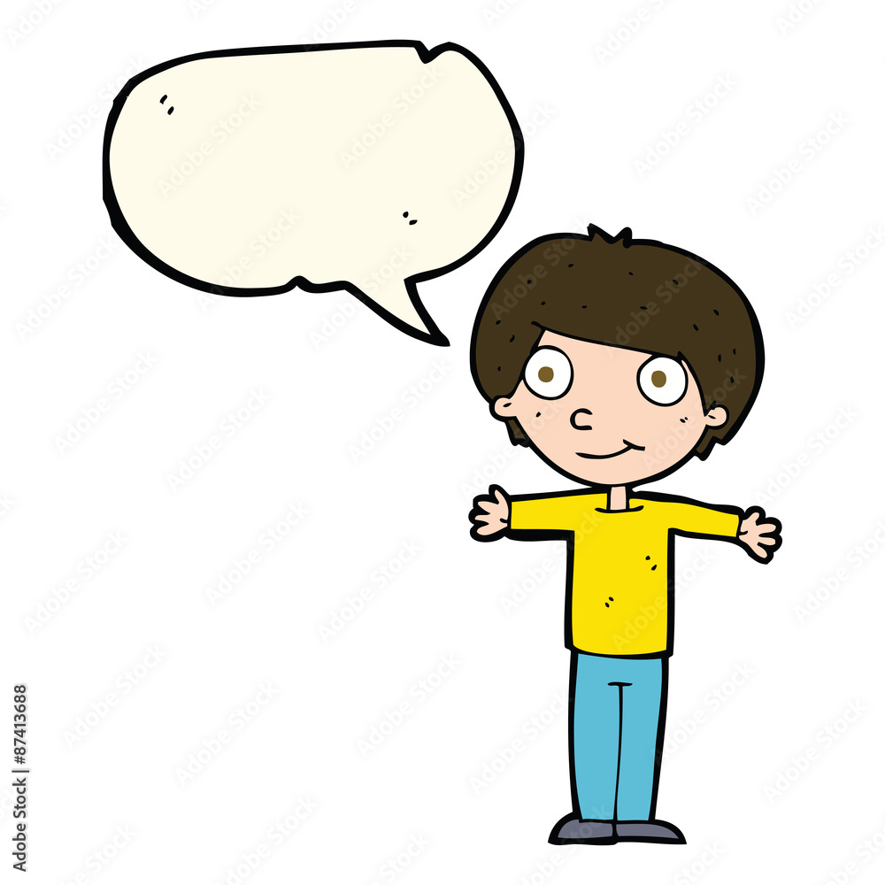 cartoon happy boy with open arms with speech bubble cartoon happy boy with open arms with speech bubble