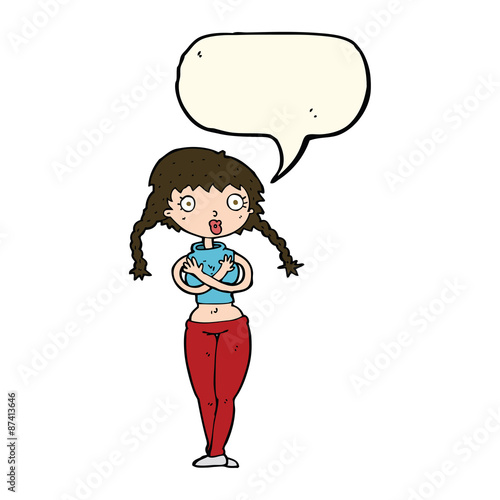 cartoon offended woman covering herself with speech bubble