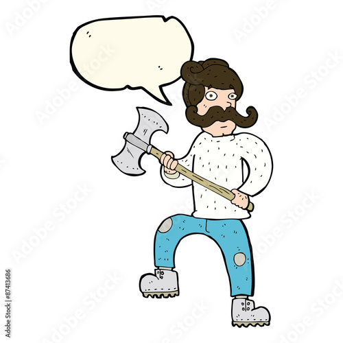 cartoon man with axe with speech bubble