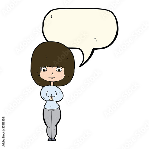 cartoon shy woman with speech bubble