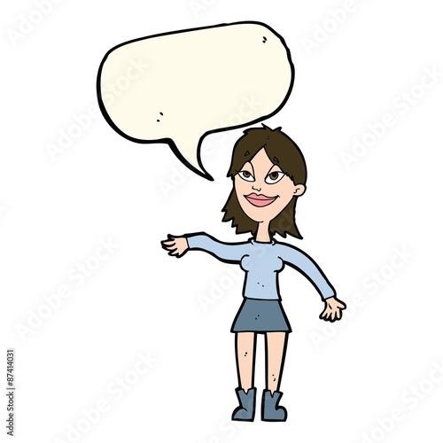 cartoon woman making hand gesture with speech bubble