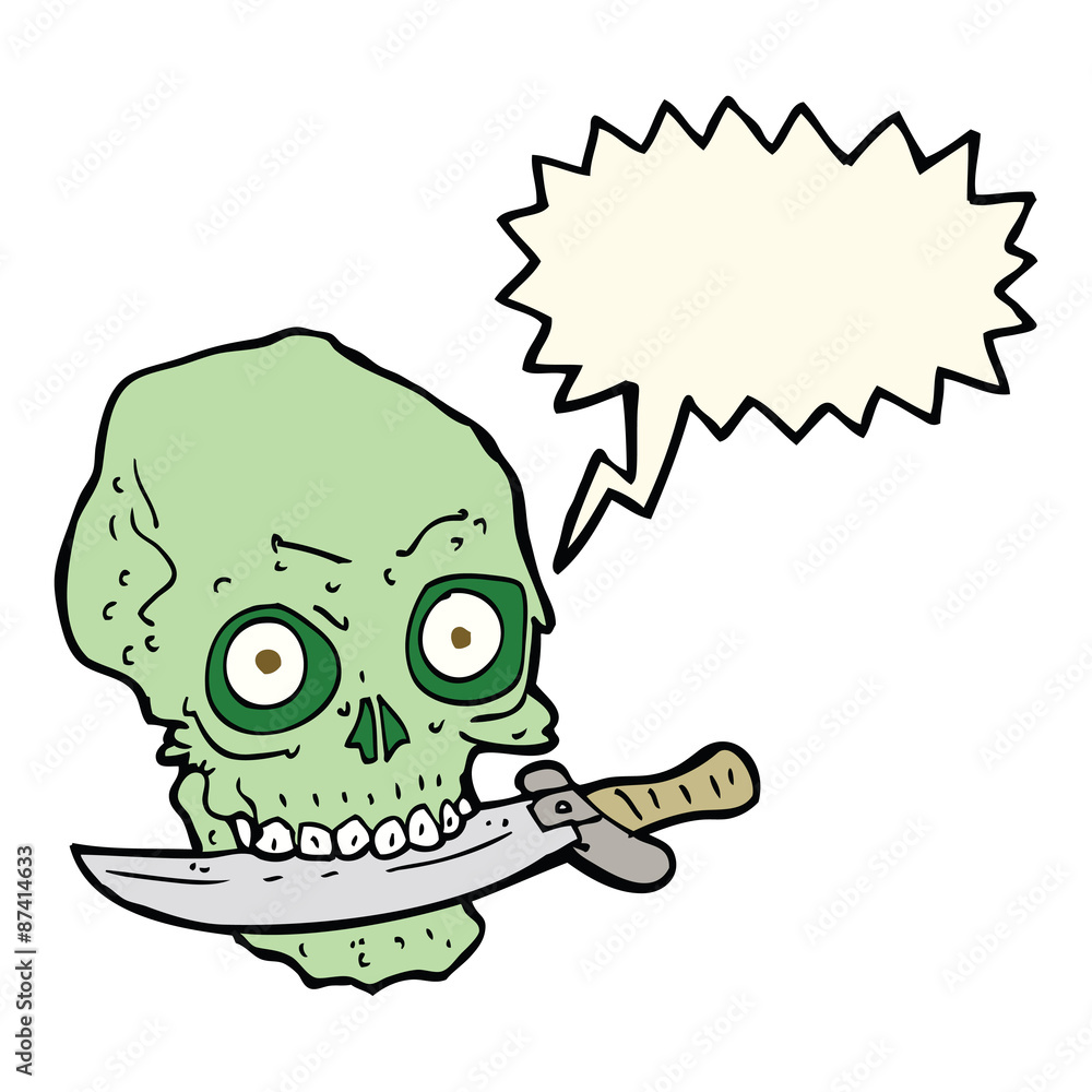 cartoon pirate skull with knife in teeth with speech bubble cartoon pirate skull with knife in teeth with speech bubble