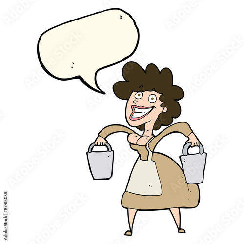 cartoon milkmaid carrying buckets with speech bubble