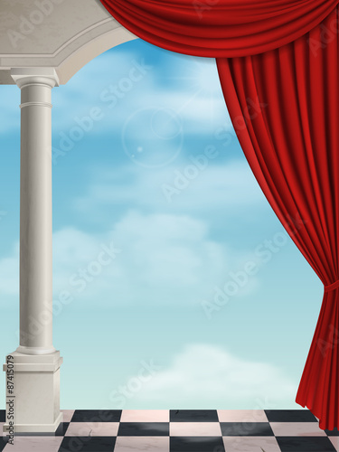 Arch with columns and curtain on background sky with clouds