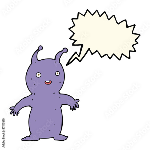 cartoon happy little alien with speech bubble