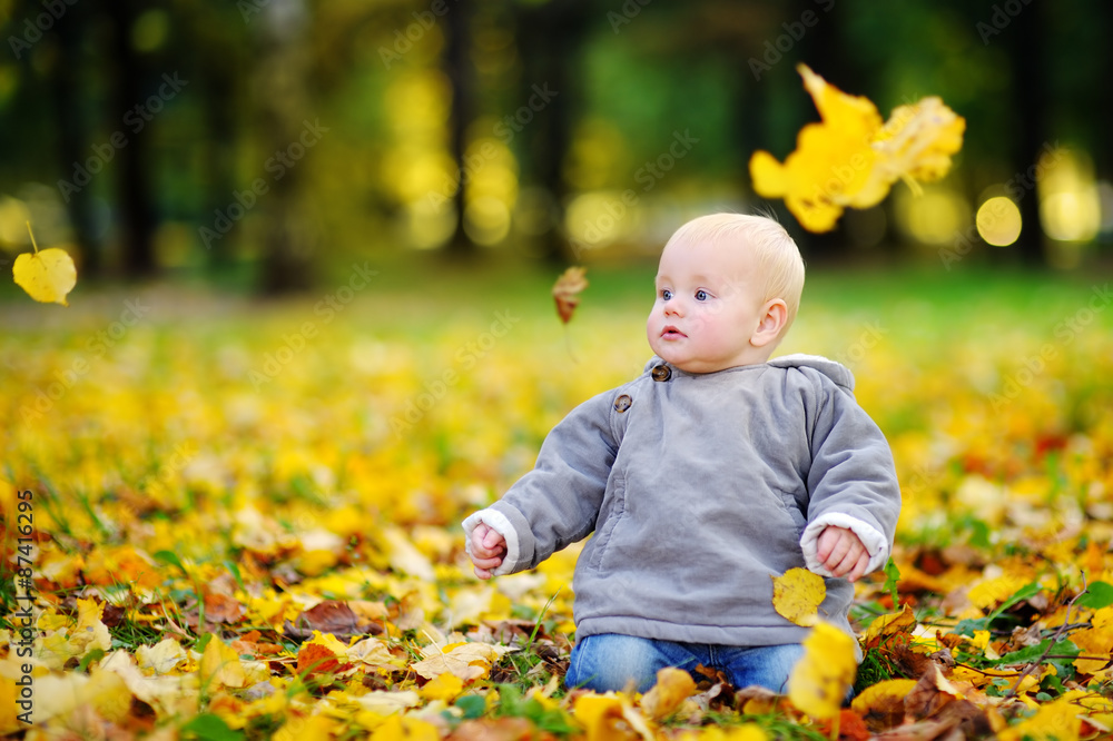 Happy little baby in the autumn park Happy little baby in the autumn park