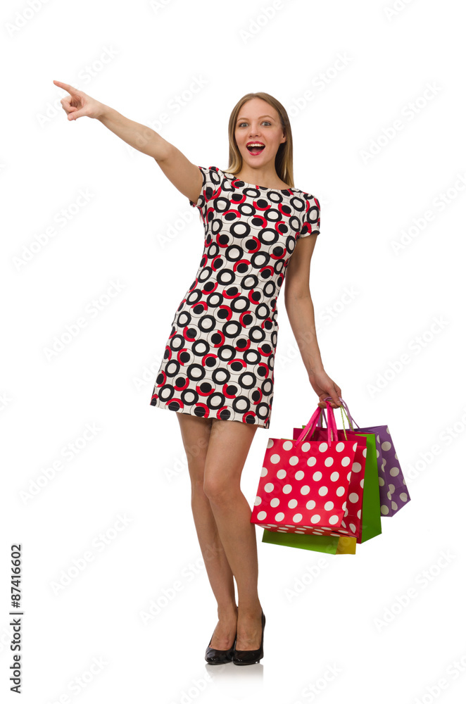 Young woman with plastic bags isolated on white Young woman with plastic bags isolated on white
