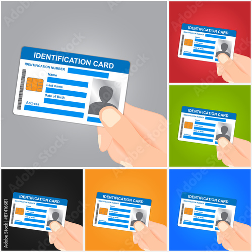 Hand Holding Identification Card on Color Background. Vector illustration.