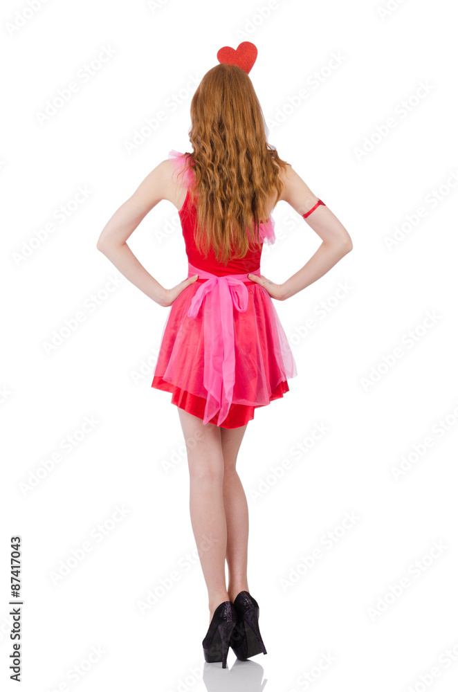 Pretty young model in mini pink dress isolated on white Pretty young model in mini pink dress isolated on white