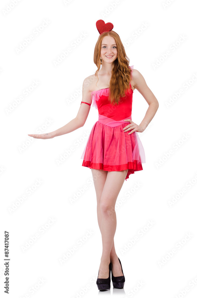 Pretty young model in mini pink dress isolated on white Pretty young model in mini pink dress isolated on white