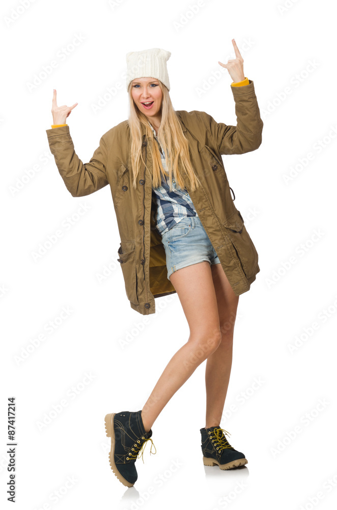 Pretty woman in jeans shorts isolated on white Pretty woman in jeans shorts isolated on white