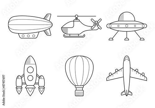 Icon set of aero vehicles. Helicopter plane UFO dirigible aerostat rocket. Line Style