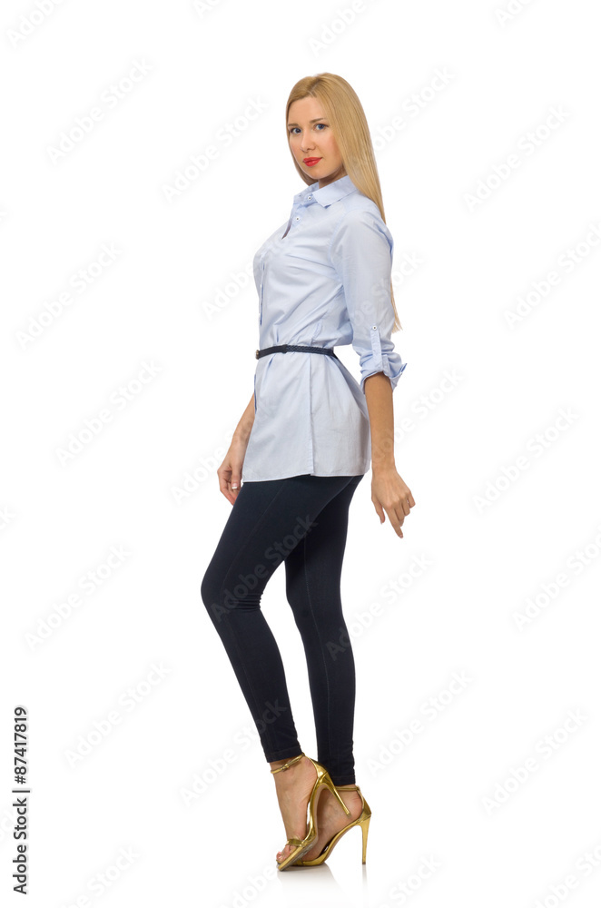 Fototapeta premium Woman in blue blouse isolated on white