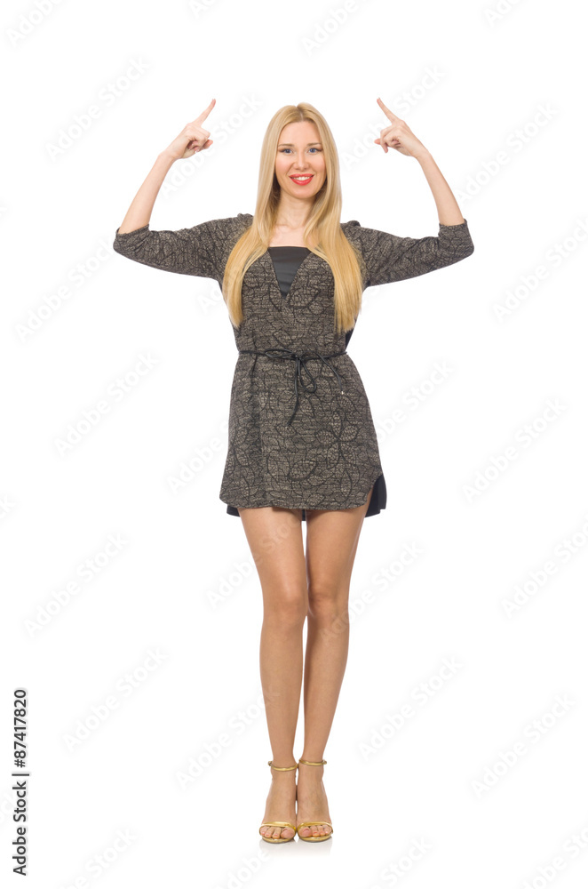 Woman in gray dress isolated on white Woman in gray dress isolated on white