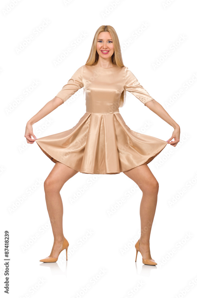 Pretty girl in satin mini dress isolated on white Pretty girl in satin mini dress isolated on white
