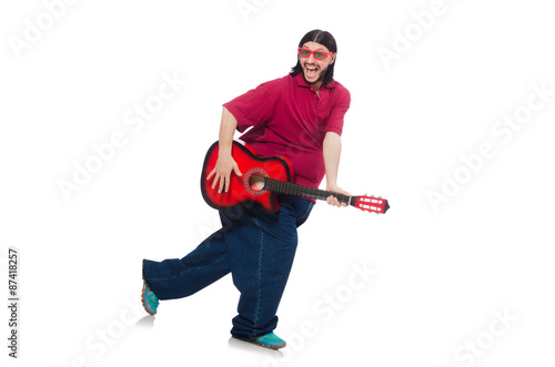 Fat man with guitar isolated on white
