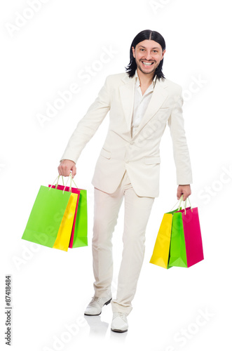 Man with shopping bags isolated on white