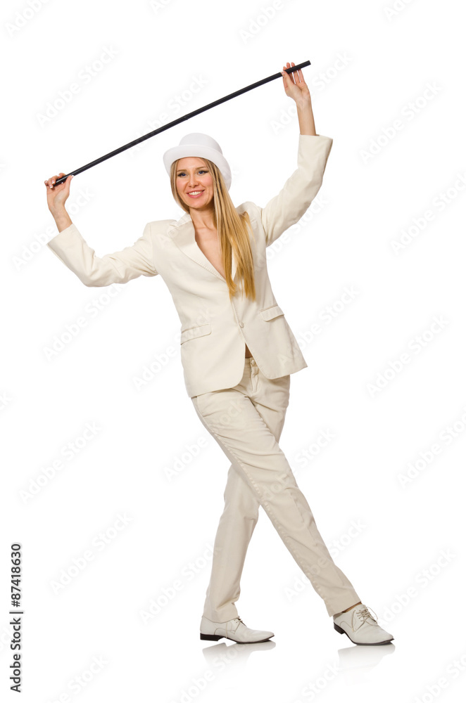 Blond hair girl with walking stick isolated on white Blond hair girl with walking stick isolated on white
