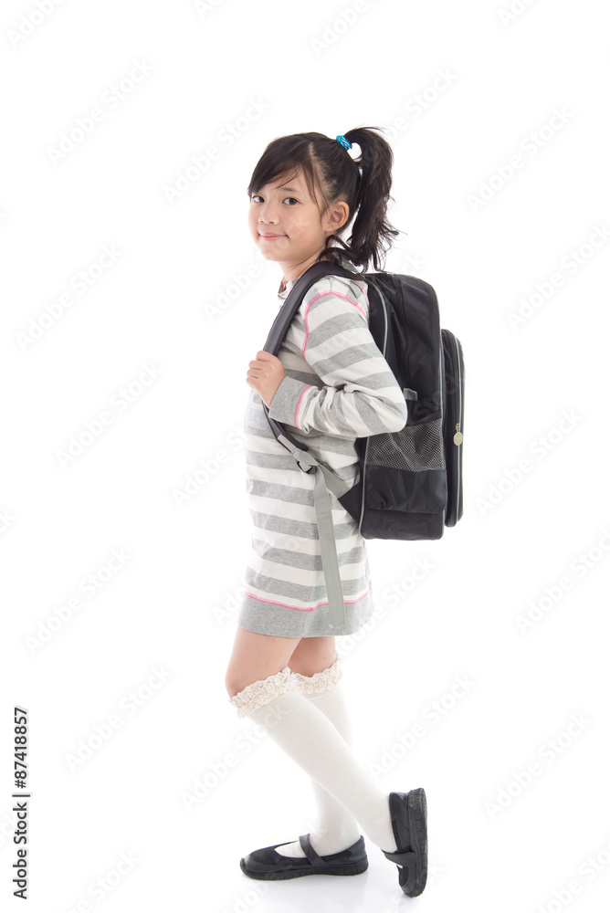 Beautiful asian school girl with backpack on white background Beautiful asian school girl with backpack on white background