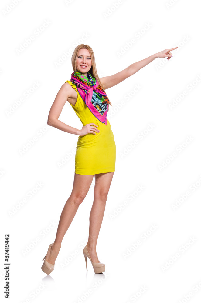 Pretty tall woman in short yellow dress isolated on white Pretty tall woman in short yellow dress isolated on white