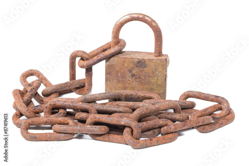old chain lock by the key isolate on white
