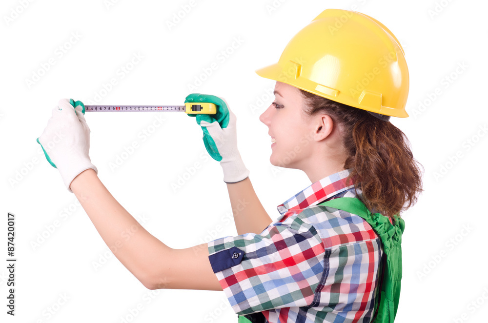 Female workman in green overalls isolated on white Female workman in green overalls isolated on white